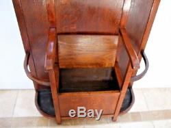 Antique English Quarter Sawn Tiger Oak Mirrored Hall Tree Coat Rack seat Storage