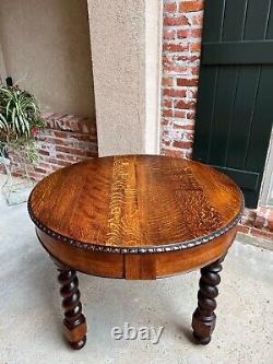 Antique English ROUND Dining Center Table Barley Twist Carved Tiger Oak c1890