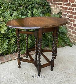 Antique English Table Drop Leaf Barley Twist Gateleg Tiger Oak Oval Nightstand