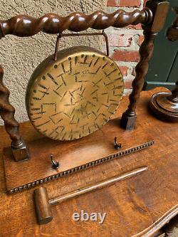 Antique English Tiger Oak BARLEY TWIST Dinner Desk Gong Brass Arts & Crafts