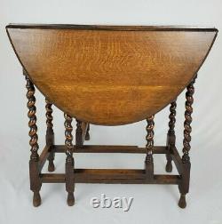 Antique English Tiger Oak Barley Twist Drop Leaf Side Sofa Table Oval Small