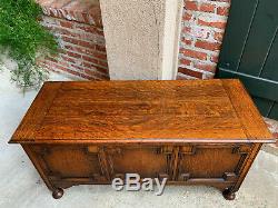 Antique English Tiger Oak Blanket Box Trunk Chest Bench Jacobean Toy Box Table