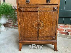 Antique English Tiger Oak Bookcase Display Cabinet Leaded Glass Door Vitrine