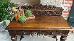 Antique English Tiger Oak Carved Foyer Sofa TABLE Renaissance Sideboard Gothic