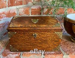 Antique English Tiger Oak Desk Letter Campaign BOX Brass Jewelry British
