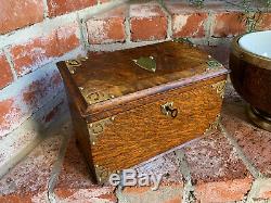 Antique English Tiger Oak Desk Letter Campaign BOX Brass Jewelry British
