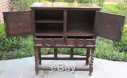 Antique English Tiger Oak Jacobean Tudor BARLEY TWIST Bar Cabinet Bookcase