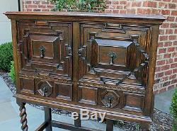 Antique English Tiger Oak Jacobean Tudor BARLEY TWIST Bar Cabinet Bookcase