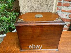 Antique English Tiger Oak Pipe Smoke Cabinet Card Game Box Humidor Lift Top