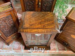 Antique English Tiger Oak Pipe Smoke Cabinet Game Card Box Humidor Glass Copper