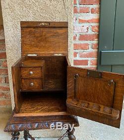 Antique English Tiger Oak Pipe Smoke Cabinet Game Card Box Humidor Lift Top