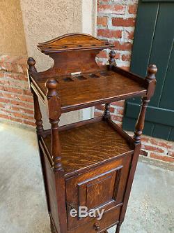 Antique English Tiger Oak Pipe Smoke Stand Cabinet Table Humidor Box Shelf 1894