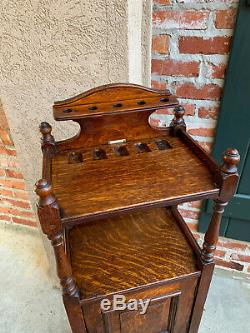 Antique English Tiger Oak Pipe Smoke Stand Cabinet Table Humidor Box Shelf 1894