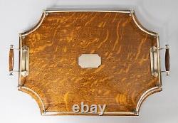 Antique English Tiger Oak & Silver Plate Octagonal Gallery Serving Tray c. 1900
