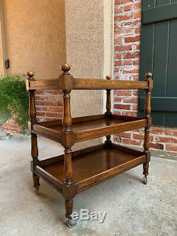 Antique English Tiger Oak Tea Trolley Cart Serving Table Rolling Coffee Tray