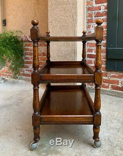 Antique English Tiger Oak Tea Trolley Cart Serving Table Rolling Coffee Tray