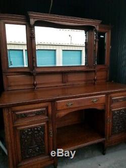 Antique English Tiger Oak Wood Mirrored Buffet Sideboard Bar Cabinet Hutch