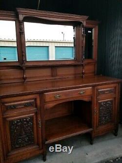 Antique English Tiger Oak Wood Mirrored Buffet Sideboard Bar Cabinet Hutch
