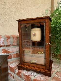 Antique English Tiger Oak w Glass Pipe Smoke Cabinet Game Card Box Humidor 1918