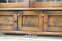 Antique English Tudor Style Tiger Oak Bookcase With Lead Glass Doors
