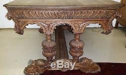 Antique FRENCH Carved Tiger Oak Dolphin Table Desk Jacobean Gothic 1800's