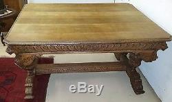 Antique FRENCH Carved Tiger Oak Dolphin Table Desk Jacobean Gothic 1800's
