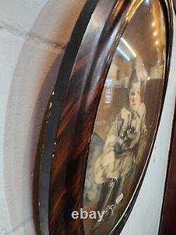Antique Faux Tiger Wood Oak Bubble Glass Frame Handicapped Girl With Boy 23x16