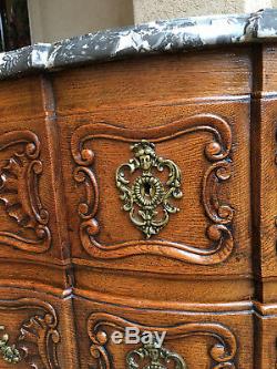 Antique French Carved Tiger Oak Chest of Drawers MARBLE Top Table Louis XV