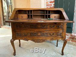 Antique French Country Carved Tiger Oak Secretary Desk Bureau Drop Front Table