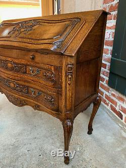 Antique French Country Carved Tiger Oak Secretary Desk Bureau Drop Front Table