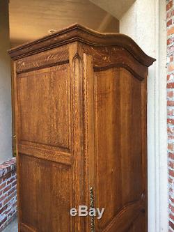 Antique French Country Tiger Oak Armoire Wardrobe Bonnetiere Storage Cabinet