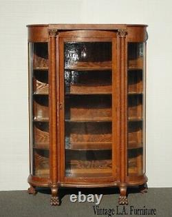 Antique French Country Tiger Oak Curio Display China Cabinet Claw Feet