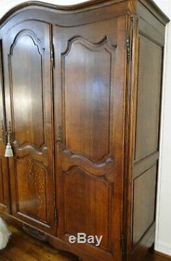 Antique French Country Wardrobe Armoire 3 door shelves hanging rod tiger Oak