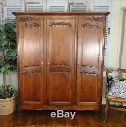 Antique French Country Wardrobe Armoire 3 door shelves hanging rod tiger Oak