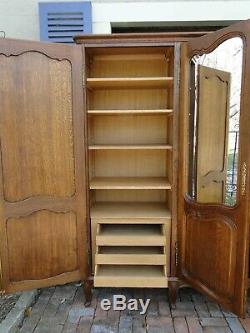 Antique French Country Wardrobe Armoire 4 door shelves hanging rod tiger Oak