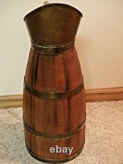 Antique French Primitive Tiger Oak Pitcher Brass Wine Jug 25 GOOD Patina