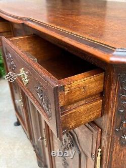 Antique French Sideboard Foyer Cabinet Louis XV Carved Tiger Oak 19th century