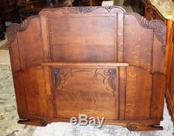 Antique French Tiger Oak Art Deco Full or Queen Size Double Panel Bed With Rails