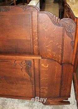 Antique French Tiger Oak Art Deco Full or Queen Size Double Panel Bed With Rails