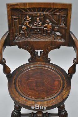 Antique German Carved Tiger Oak Drunken Monks Tavern Pub Arm Chairs a Pair