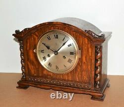 Antique German Gustav Becker Barley Twist Jacobean Tiger Oak Mantel Clock
