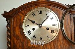Antique German Gustav Becker Barley Twist Jacobean Tiger Oak Mantel Clock