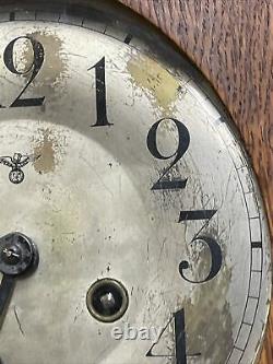 Antique German Tiger Oak Mauthe Wall Gong Chime Clock Beveled Glass Key Pendulum
