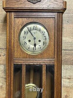 Antique German Tiger Oak Mauthe Wall Gong Chime Clock Beveled Glass Key Pendulum