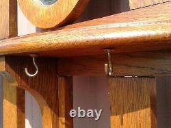 Antique Hall Tree Tiger Oak Beveled Mirror Glove Box Umbrella Stand Coat Hooks