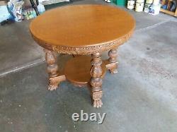Antique Hand Carved Claw Foot Round Parlor Table with Shelf 36 Tiger Oak