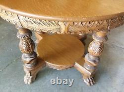 Antique Hand Carved Claw Foot Round Parlor Table with Shelf 36 Tiger Oak