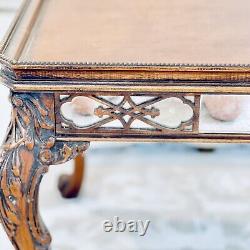 Antique Italian Tiger Oak Burl Top Mirrored Inlaid Frieze Coffee Side Table