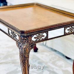 Antique Italian Tiger Oak Burl Top Mirrored Inlaid Frieze Coffee Side Table