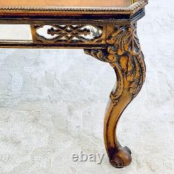 Antique Italian Tiger Oak Burl Top Mirrored Inlaid Frieze Coffee Side Table